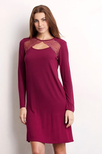 Chemise de nuit femme à manches longues en modal/dentelle